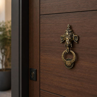Decorative brass door knocker on a wooden door