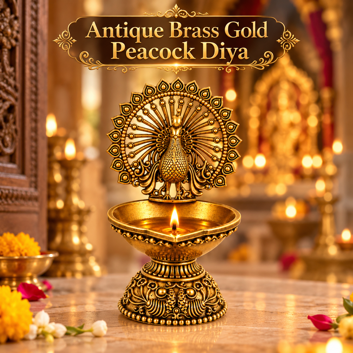 Antique Brass Peacock Diya  for Pooja Room, Mandir & Home Temple Décor | Traditional Oil Lamp for Diwali, Puja & Gifting| The Indian Aura