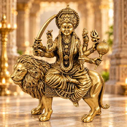 Antique Brass Maa Durga Idol for Home Temple & Pooja Room | Handcrafted Goddess Durga Statue for Mandir, Home Décor, Office Desk, Housewarming, Diwali & Spiritual Gifting | The Indian Aura