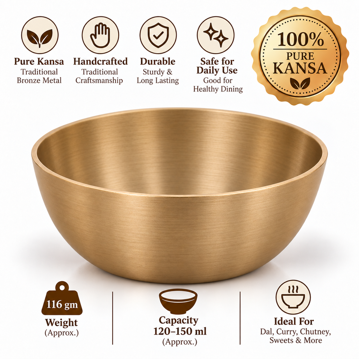 Pure Kansa Small Katori Set – Traditional Handmade Bronze Bowls for Dining & Serving | Premium Gift for Diwali, Housewarming, Weddings, Anniversaries, Return Gifts & Festive Gifting | The Indian Aura