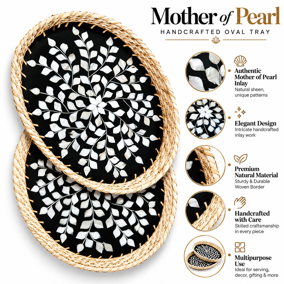 Handcrafted Mother of Pearl Oval Black Tray Set of 2 with Natural Jute Border – Decorative, Serving & Gifting Trays