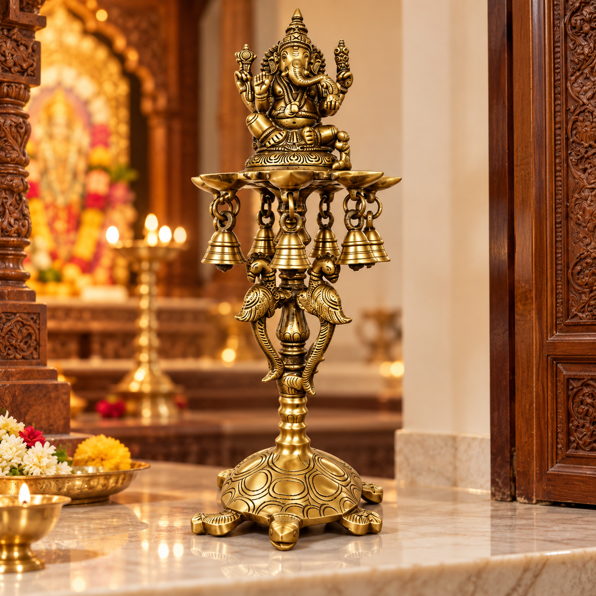 Brass Ganesh Diya Stand with 7 Oil Holders | Antique Finish Pooja Lamp with Hanging Bells, Peacock Design & Tortoise Base for Home Temple, Decor & Gifting | The Indian Aura
