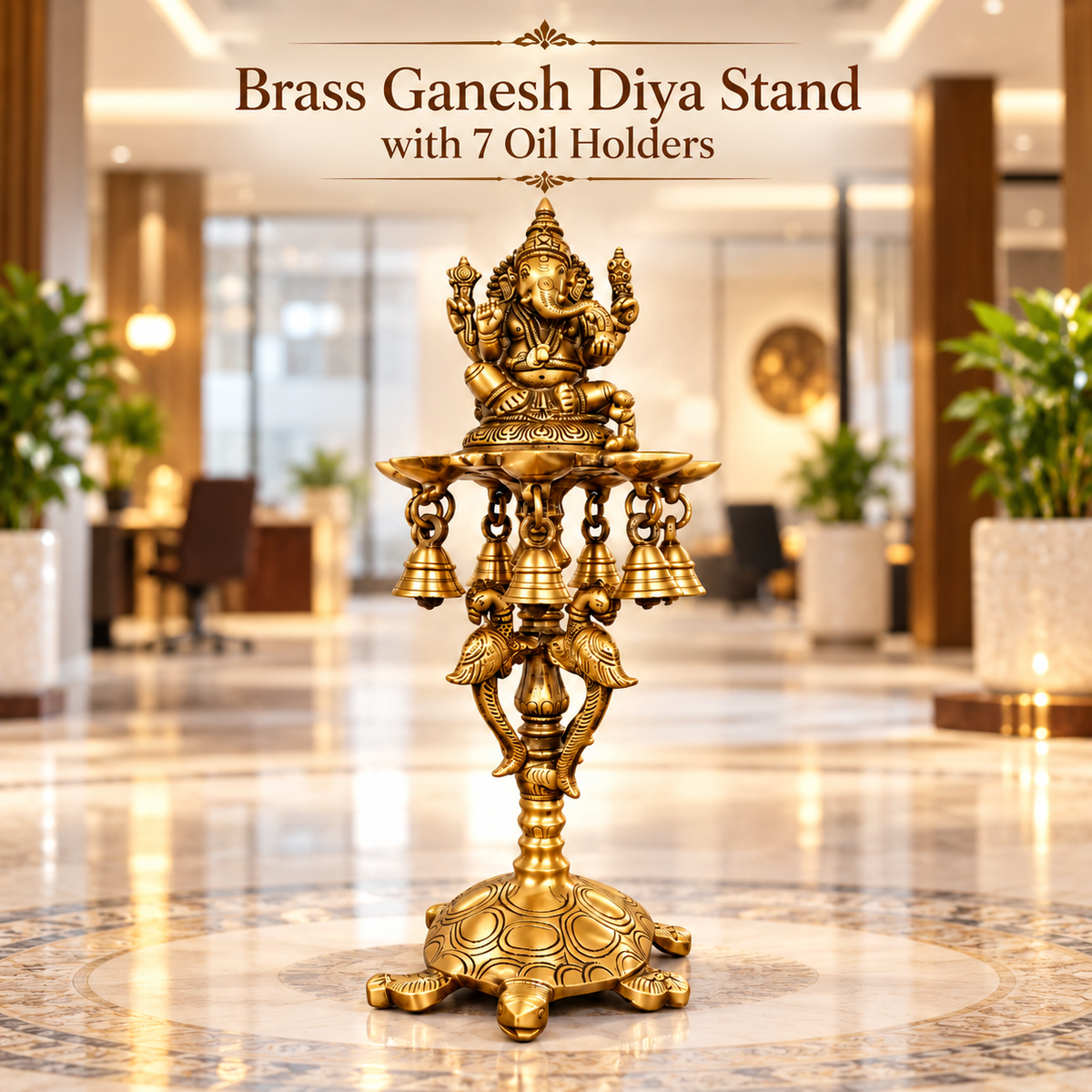 Brass Ganesh Diya Stand with 7 Oil Holders | Antique Finish Pooja Lamp with Hanging Bells, Peacock Design & Tortoise Base for Home Temple, Decor & Gifting | The Indian Aura