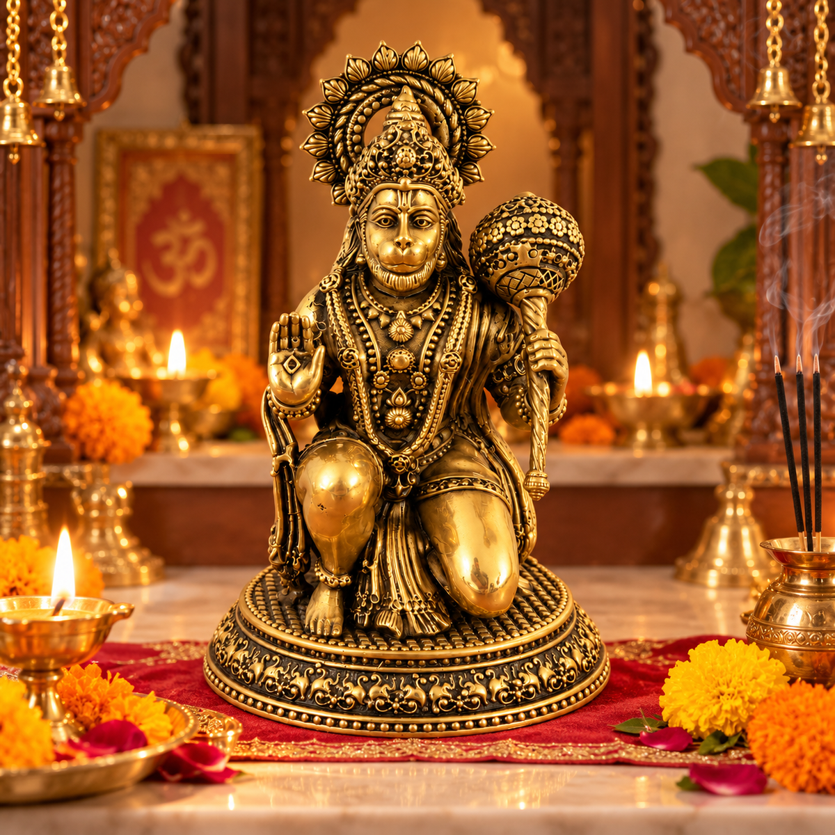 Antique Brass Hanuman Idol for Home Temple & Pooja Room | Handcrafted Lord Hanuman Statue for Home Décor, Office, Mandir & Gifting | The Indian Aura