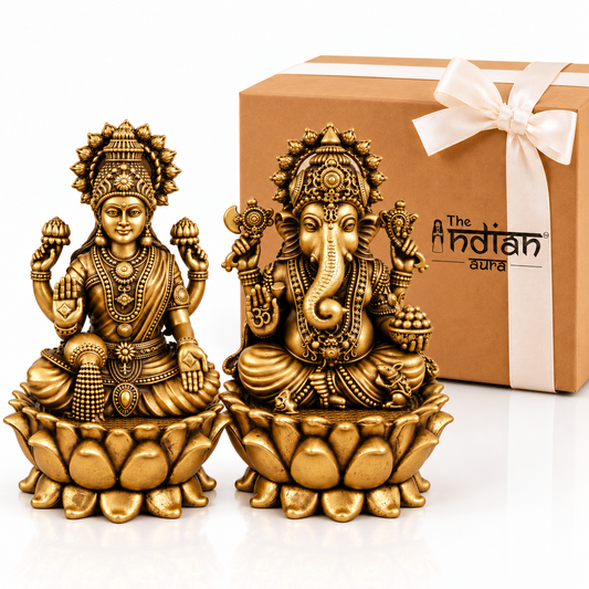 Antique Brass Laxmi Ganesh Idol Set for Gifting | Handcrafted Lakshmi Ganesha Statues for Diwali, Housewarming, Wedding & Festive Gifts | Spiritual Gift for Family & Loved Ones | The Indian Aura