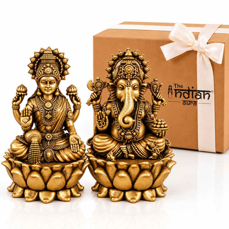 Antique Brass Laxmi Ganesh Idol Set for Gifting | Handcrafted Lakshmi Ganesha Statues for Diwali, Housewarming, Wedding & Festive Gifts | Spiritual Gift for Family & Loved Ones | The Indian Aura