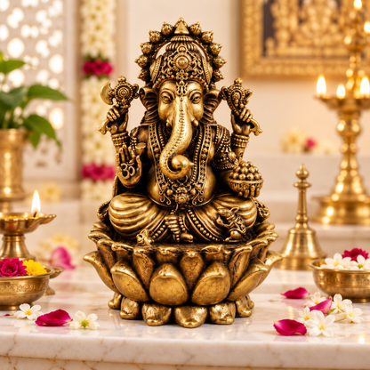 Antique Brass Lord Ganesh Idol for Home Temple & Pooja Room | Handcrafted Lord Ganesha Statue for Mandir, Home Décor & Office Desk | Housewarming, Diwali & Spiritual Gift | The Indian Aura