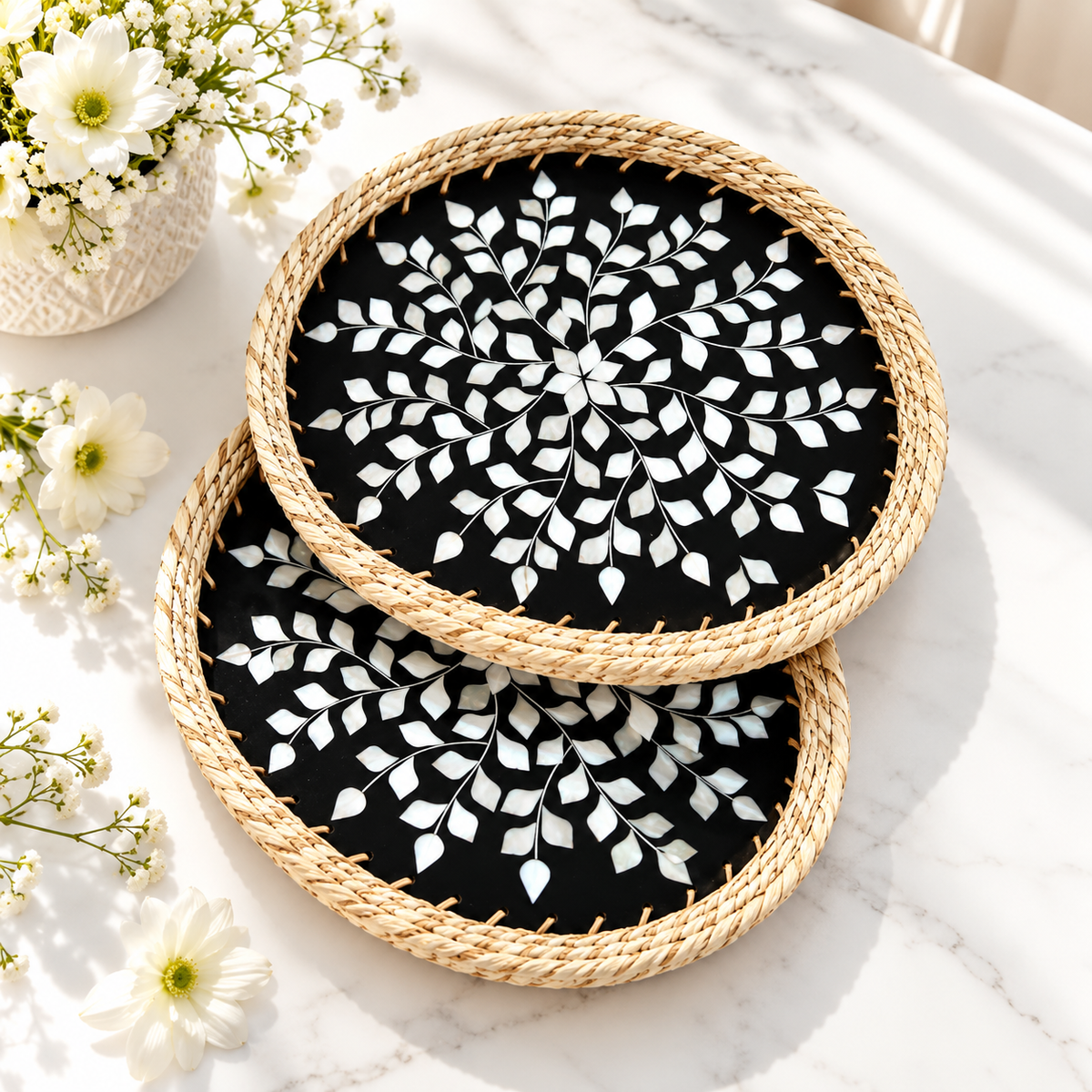 Handcrafted Mother of Pearl Oval Black Tray Set of 2 with Natural Jute Border – Decorative, Serving & Gifting Trays