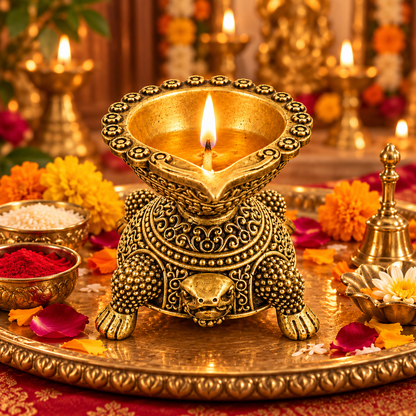 Handcrafted Antique Brass Turtle Diya for Pooja | Traditional Brass Tortoise Oil Lamp | Kachua Deepak for Mandir, Home Decor, Diwali & Vastu | The Indian Aura