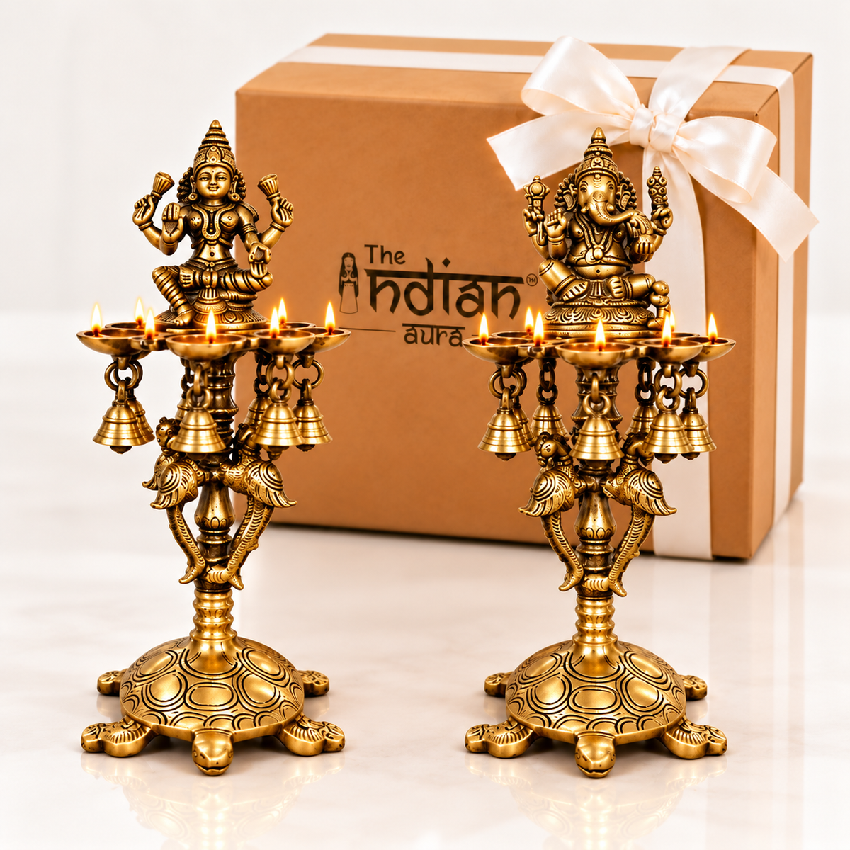 The Indian Aura Pure Brass Lakshmi Ganesha Diya Stand with 7 Oil Holders | Antique Finish Decorative Pooja Deepak for Diwali, Housewarming, Wedding & Festive Gifting