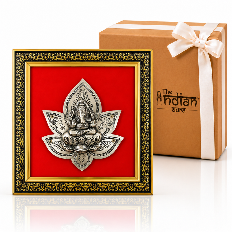 The Indian Aura Antique Pure Brass Ganesha Wall Frame with Red Velvet For Gifting | Premium Gift for Housewarming, Wedding, Diwali, Anniversary, Ganesh Chaturthi & Festive Occasions | Religious Wall Decor