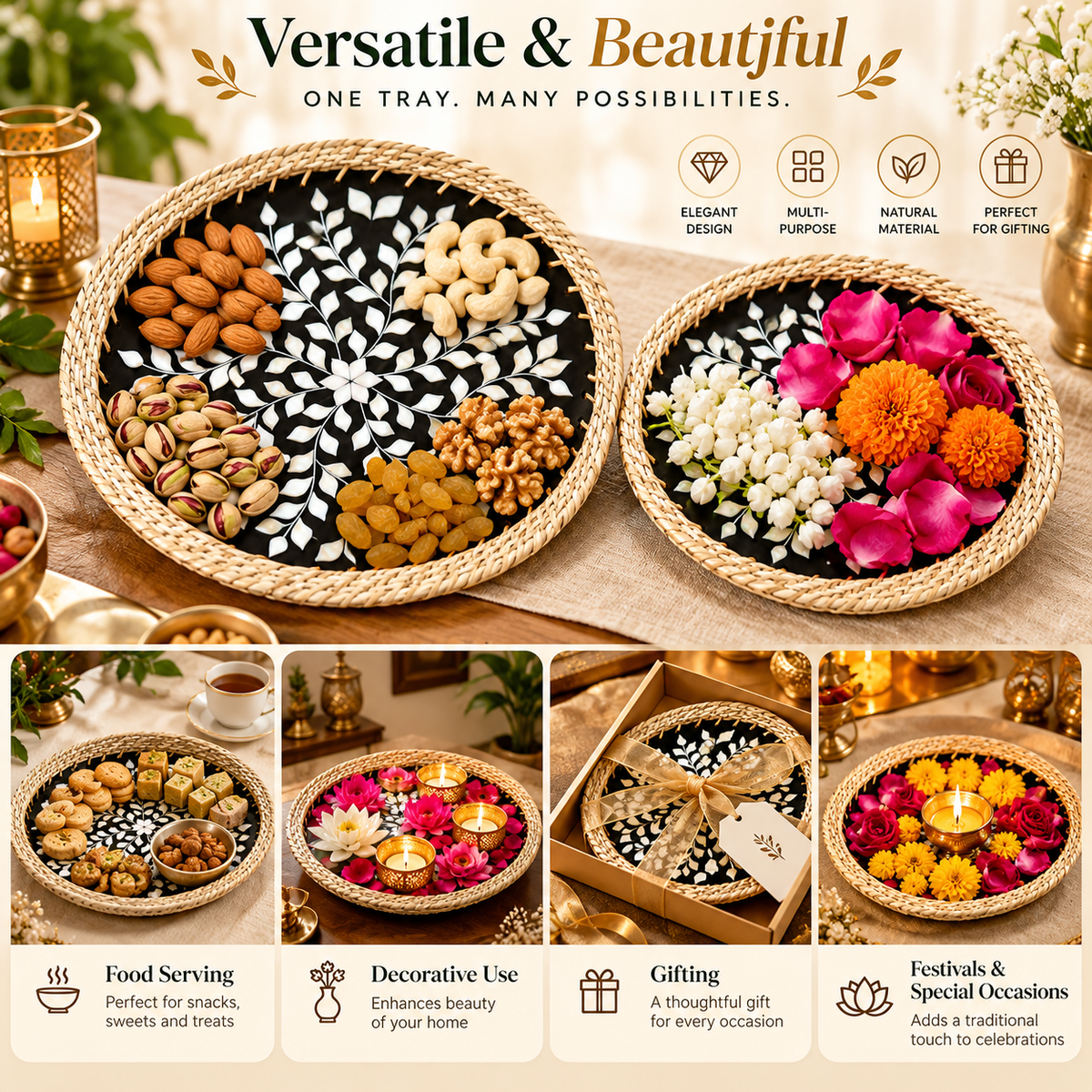 Handcrafted Mother of Pearl Round Black Tray Set of 2 | Woven Natural Rim Decorative Serving Trays for Home Décor, Jewellery Storage, Pooja & Gifting | 10.7 & 12.5 Inch