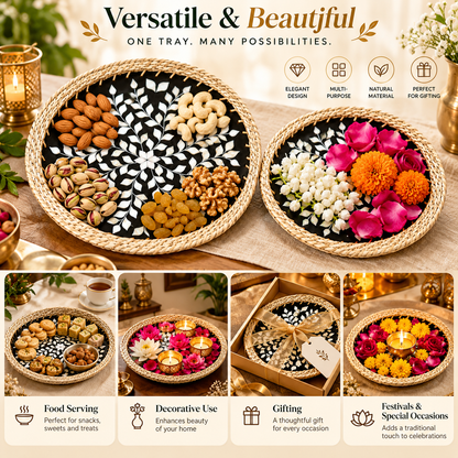 Handcrafted Mother of Pearl Round Black Tray Set of 2 | Woven Natural Rim Decorative Serving Trays for Home Décor, Jewellery Storage, Pooja & Gifting | 10.7 & 12.5 Inch