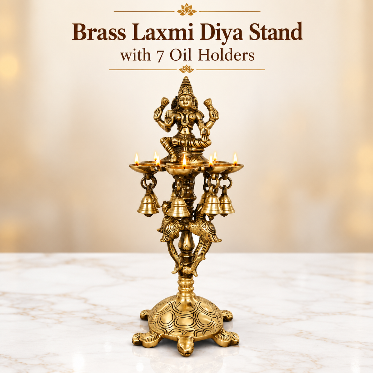 Brass Laxmi Diya Stand with 7 Oil Holders | Antique Finish Pooja Lamp with Hanging Bells, Peacock Design & Tortoise Base for Home Temple, Decor & Gifting | The Indian Aura