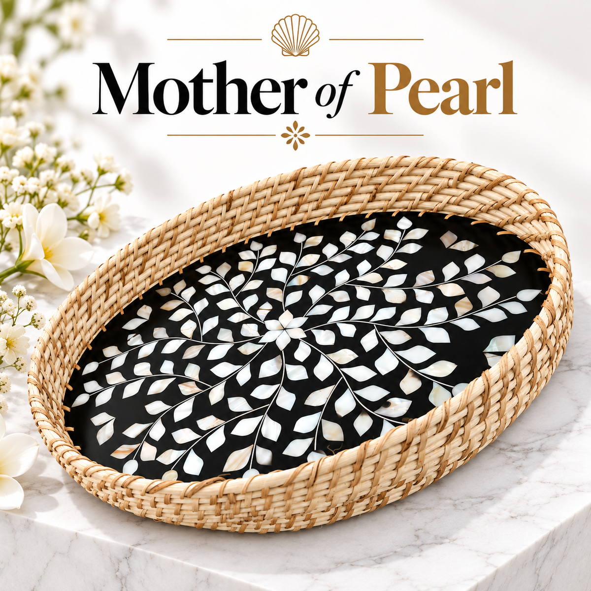 Handcrafted Mother of Pearl Oval Black Tray Set of 2 with Natural Jute Border – Decorative, Serving & Gifting Trays