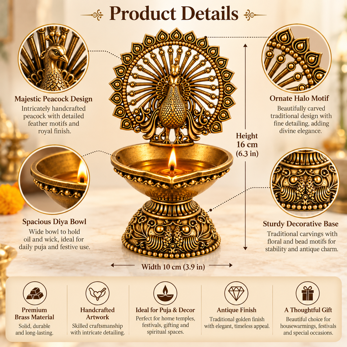 Antique Brass Peacock Diya  for Pooja Room, Mandir & Home Temple Décor | Traditional Oil Lamp for Diwali, Puja & Gifting| The Indian Aura