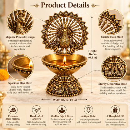 Antique Brass Peacock Diya  for Pooja Room, Mandir & Home Temple Décor | Traditional Oil Lamp for Diwali, Puja & Gifting| The Indian Aura