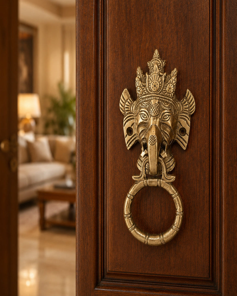 Lord Ganesha Brass Door Knocker for Main Door – Antique Finish Ganpati Vastu Face with Ring, 6.5 Inch Ethnic Indian Elephant Design | Auspicious Entrance Decor & Housewarming Gift