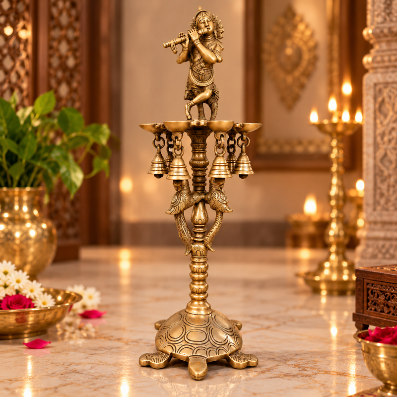 Brass Krishna Diya Stand with 7 Oil Holders – Antique Finish | The Indian Aura