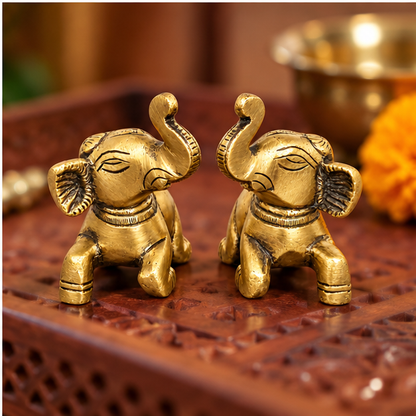 Handcrafted Antique Brass Elephant Statue Pair 2.3 Inch | Golden Elephant Showpiece for Home Decor & Gifting | The Indian Aura