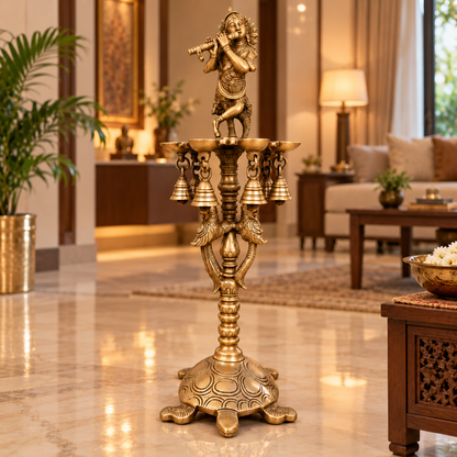 Brass Krishna Diya Stand with 7 Oil Holders – Antique Finish | The Indian Aura