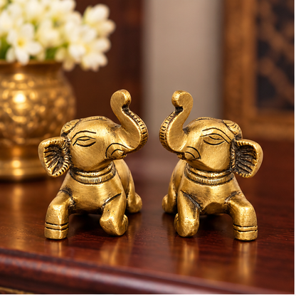 Handcrafted Antique Brass Elephant Statue Pair 2.3 Inch | Golden Elephant Showpiece for Home Decor & Gifting | The Indian Aura