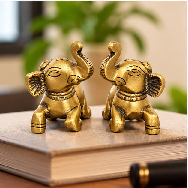 Handcrafted Antique Brass Elephant Statue Pair 2.3 Inch | Golden Elephant Showpiece for Home Decor & Gifting | The Indian Aura