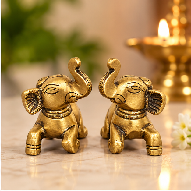 Handcrafted Antique Brass Elephant Statue Pair 2.3 Inch | Golden Elephant Showpiece for Home Decor & Gifting | The Indian Aura
