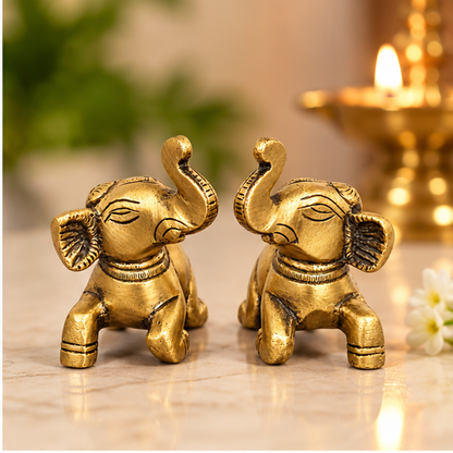 Handcrafted Antique Brass Elephant Statue Pair 2.3 Inch | Golden Elephant Showpiece for Home Decor & Gifting | The Indian Aura