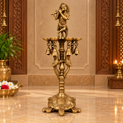 Brass Krishna Diya Stand with 7 Oil Holders – Antique Finish | The Indian Aura