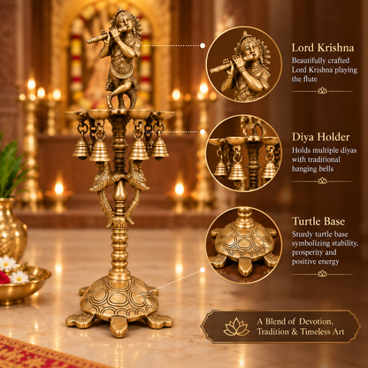 Brass Krishna Diya Stand with 7 Oil Holders – Antique Finish | The Indian Aura