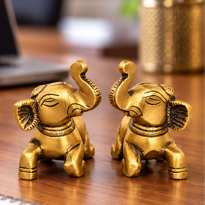 Handcrafted Antique Brass Elephant Statue Pair 2.3 Inch | Golden Elephant Showpiece for Home Decor & Gifting | The Indian Aura