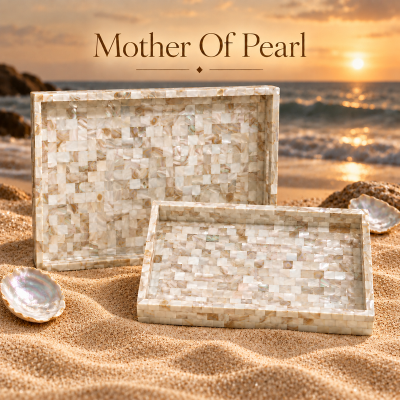 Handcrafted Mother of Pearl Inlay Serving Tray Set 2 – Luxury Rectangular Mosaic Shell Vanity & Coffee Table Decor Trays
