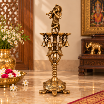 Brass Krishna Diya Stand with 7 Oil Holders – Antique Finish | The Indian Aura