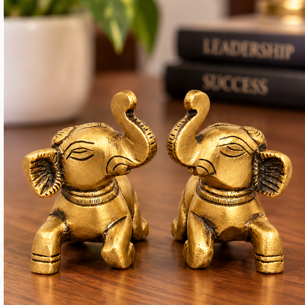 Handcrafted Antique Brass Elephant Statue Pair 2.3 Inch | Golden Elephant Showpiece for Home Decor & Gifting | The Indian Aura