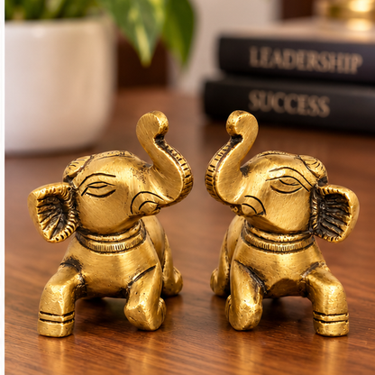 Handcrafted Antique Brass Elephant Statue Pair 2.3 Inch | Golden Elephant Showpiece for Home Decor & Gifting | The Indian Aura