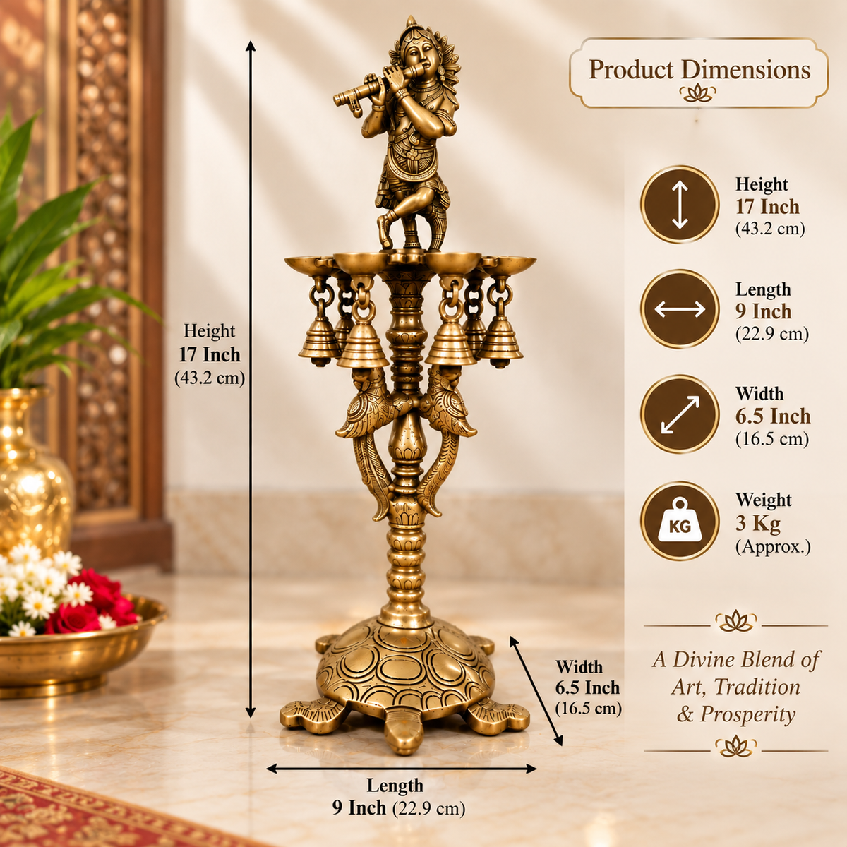 Brass Krishna Diya Stand with 7 Oil Holders – Antique Finish | The Indian Aura
