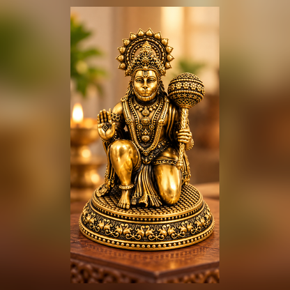 Antique Brass Hanuman Idol for Home Temple & Pooja Room | Handcrafted Lord Hanuman Statue for Home Décor, Office, Mandir & Gifting | The Indian Aura