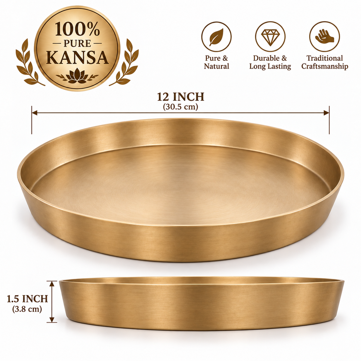 Pure Kansa Thali Matte Finish 12 Inch for Gifting – Premium Traditional Indian Bronze Dinner Plate | Available in Single & Pair | Elegant Gift for Weddings, Housewarming, Diwali, Anniversaries & Festive Occasions