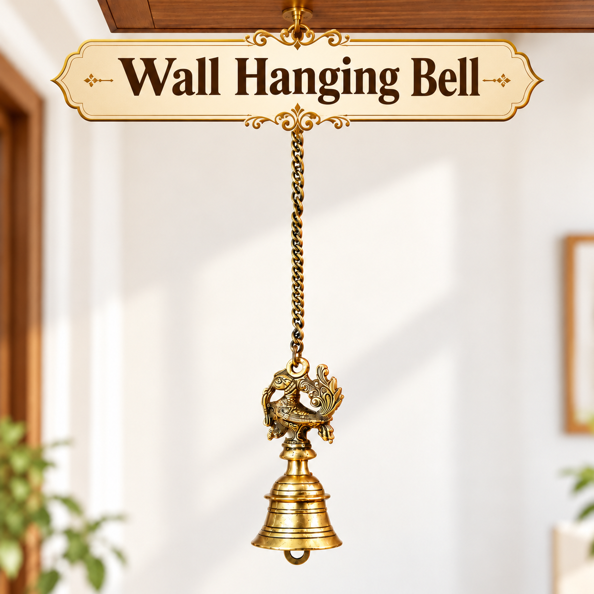 The Indian Aura Antique Gold Pure Brass Wall Hanging Bell | Traditional Decorative Bell for Home, Temple, Pooja Room & Entrance Décor