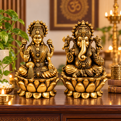 Antique Brass Laxmi Ganesh Idol Set for Home Temple, Pooja Room & Mandir | Handcrafted Laxmi Ganesh Statues for Home Décor & Office Desk | Diwali, Housewarming & Spiritual Gift | The Indian Aura