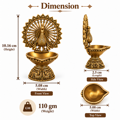 Antique Brass Peacock Diya  for Pooja Room, Mandir & Home Temple Décor | Traditional Oil Lamp for Diwali, Puja & Gifting| The Indian Aura