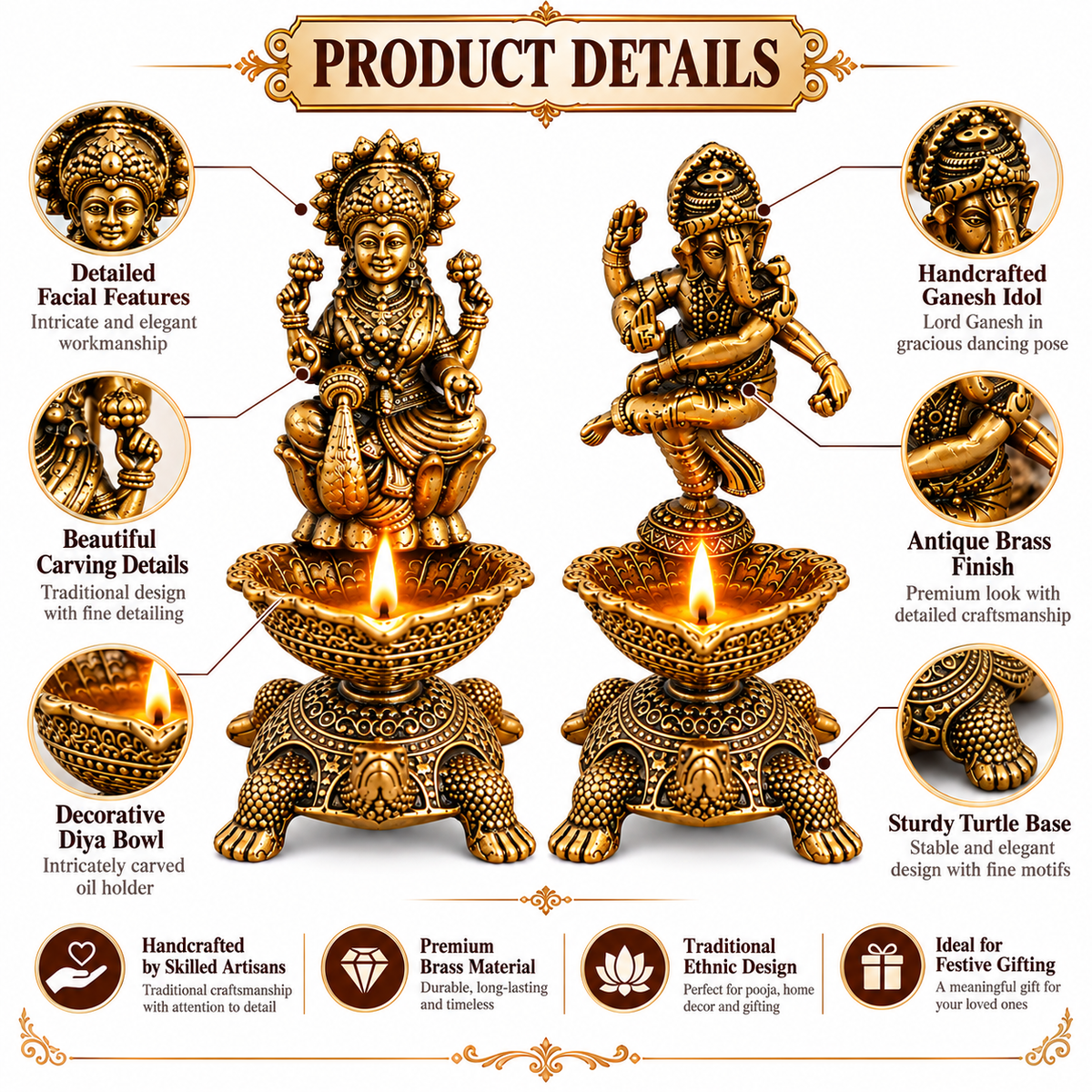 The Indian Aura Pure Brass Laxmi Ganesha Pair Diya Oil Lamp Holder For Gifting | Premium Religious Gift for Housewarming, Wedding, Diwali, Dhanteras & Anniversary | Antique Gold Finish, Traditional Pooja Room & Home Temple Decor