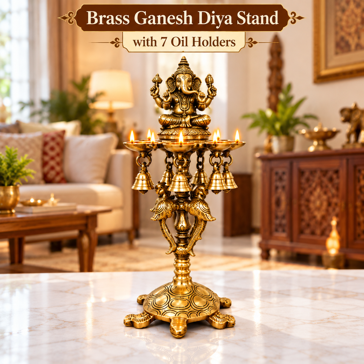Brass Laxmi Diya Stand with 7 Oil Holders | Antique Finish Pooja Lamp with Hanging Bells, Peacock Design & Tortoise Base for Home Temple, Decor & Gifting | The Indian Aura