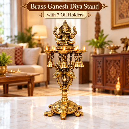 Brass Laxmi Diya Stand with 7 Oil Holders | Antique Finish Pooja Lamp with Hanging Bells, Peacock Design & Tortoise Base for Home Temple, Decor & Gifting | The Indian Aura