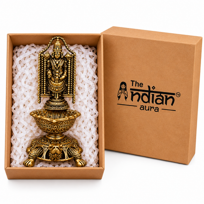 The Indian Aura Pure Brass Lord Venkateswara Diya with Turtle Base For Gifting | Premium Spiritual Gift for Housewarming, Wedding, Diwali, Anniversary & Festive Occasions | Antique Finish, 8.8 cm Height, Traditional Pooja Oil Lamp