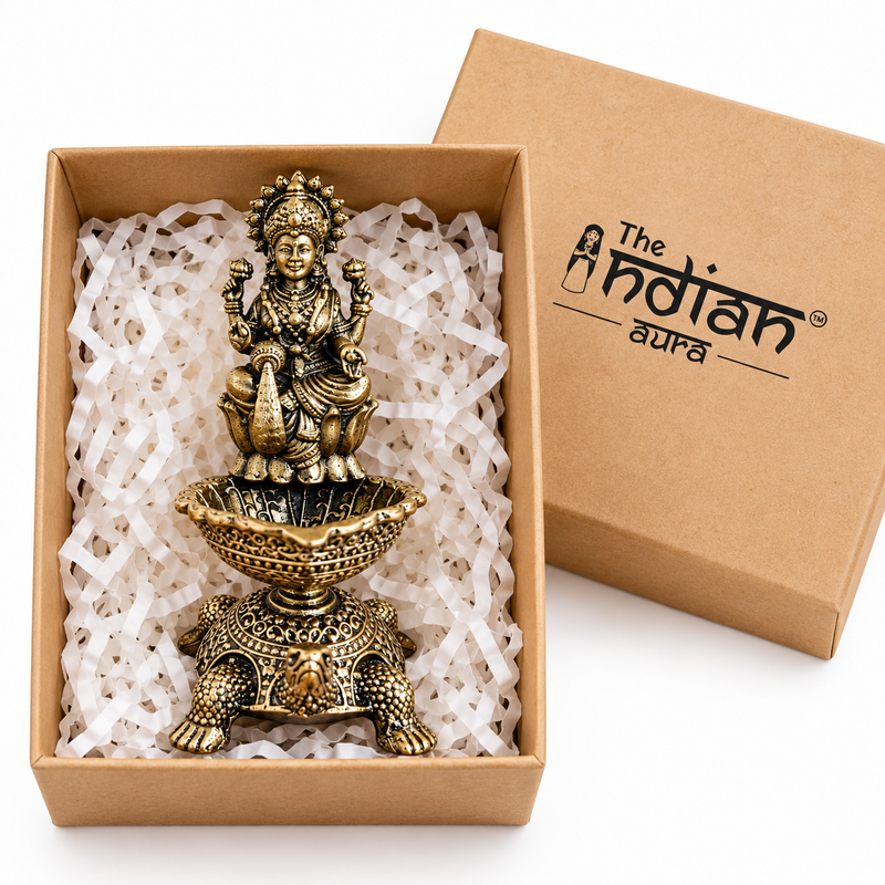 The Indian Aura Antique Brass Goddess Lakshmi Diya with Turtle Base | Premium Religious Gift for Housewarming, Wedding, Diwali, Dhanteras & Anniversary | Traditional Pooja Oil Lamp for Mandir & Home Temple Decor
