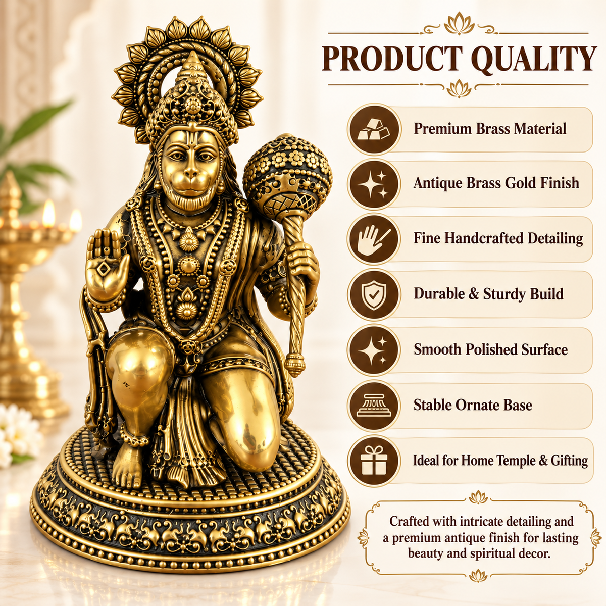 Antique Brass Hanuman Idol for Home Temple & Pooja Room | Handcrafted Lord Hanuman Statue for Home Décor, Office, Mandir & Gifting | The Indian Aura