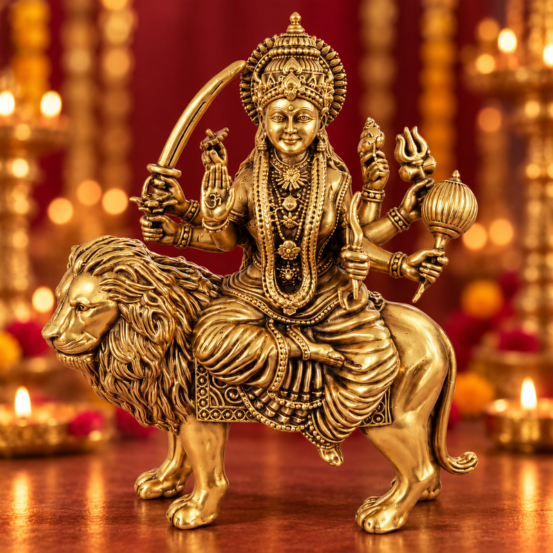 Antique Brass Maa Durga Idol for Home Temple & Pooja Room | Handcrafted Goddess Durga Statue for Mandir, Home Décor, Office Desk, Housewarming, Diwali & Spiritual Gifting | The Indian Aura