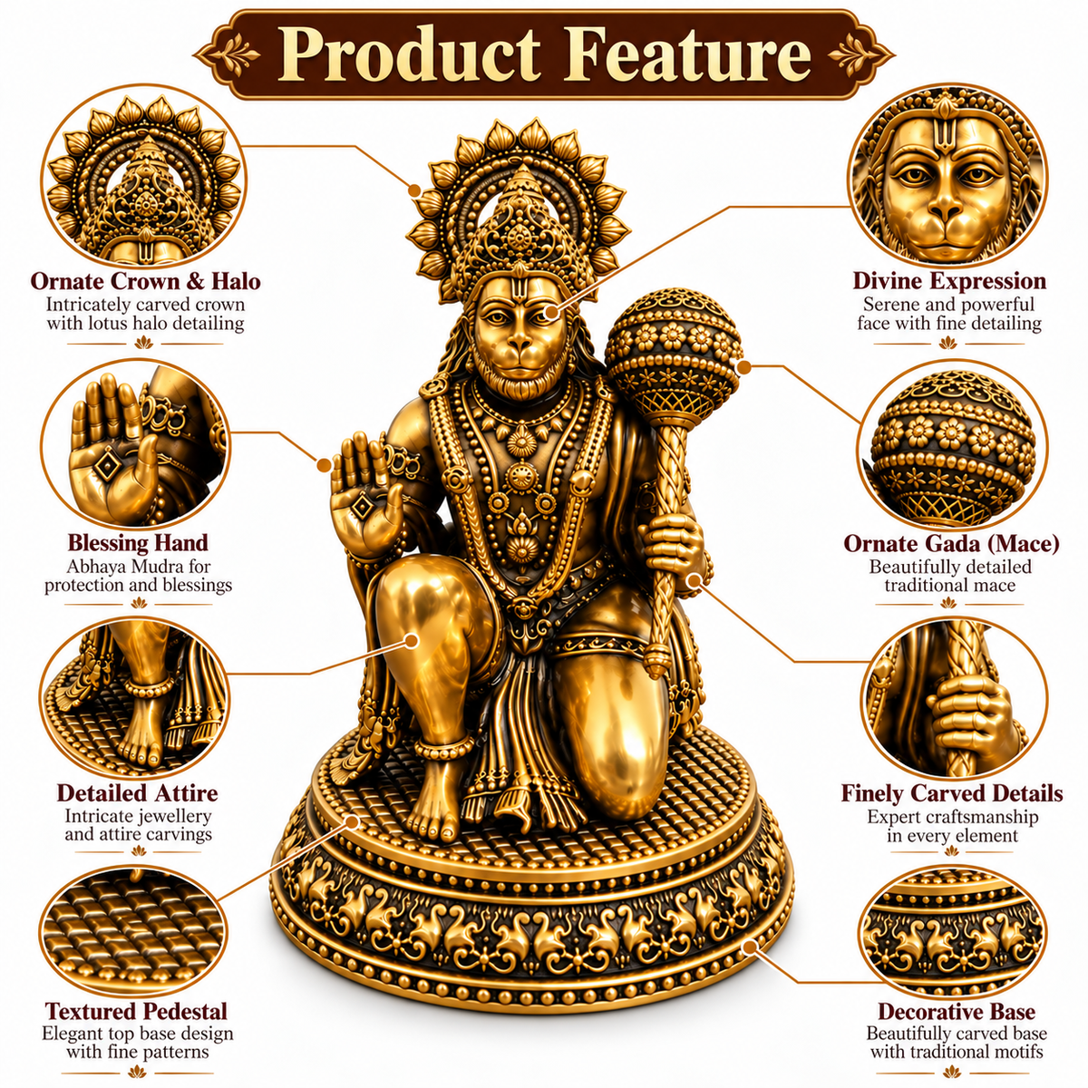 Antique Brass Hanuman Idol for Home Temple & Pooja Room | Handcrafted Lord Hanuman Statue for Home Décor, Office, Mandir & Gifting | The Indian Aura